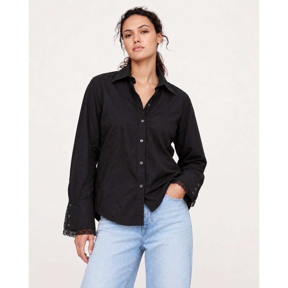 Banana Republic Black Lace Trim Button Down Shirt Stretch Cotton XL